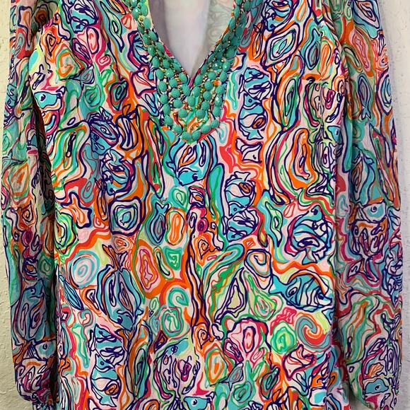 LILLY PULITZER Dress 4 Saemus What A Catch Beaded V-Neck Silk Lined Side Zip - Picture 6 of 16
